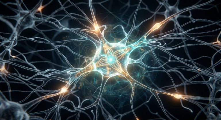 تداخل مهيب بين الخلايا العصبية الحيوية، وشبكات الطاقة الكوانتية، تتخللها أنماط هندسية إسلامية/مغربية دقيقة ترمز لانسجام الفطرة مع التصميم الكوني الخالق