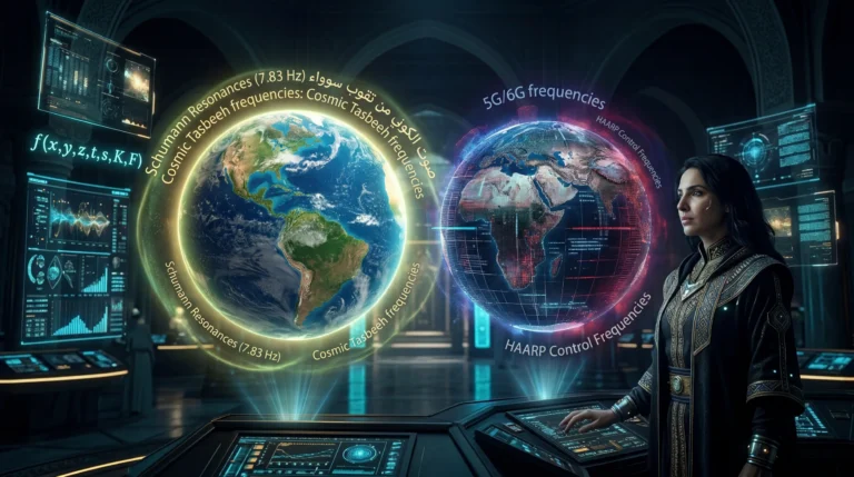 كوكب الأرض يُغطى بشبكة رقمية زرقاء تمثل التوأم الرقمي للأرض (Digital Twin Earth) بينما تظهر بقعة طبيعية خضراء مقاومة للمصفوفة التقنية