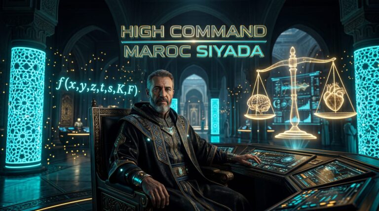 🎖️ أمر عمليات رقم (001): بروتوكول تحصين الرنين السيادي مشهد سينمائي للقائد السيادي أودن في مرصد مغربي مستقبلي، مع ميزان ذهبي هولوغرافي يوازن بين القلب والدماغ، محاط بشفرات الماتريكس وزخارف الزليج النيون المضيئة، يجسد مفاهيم الوعي السباعي والميزان الكوني.