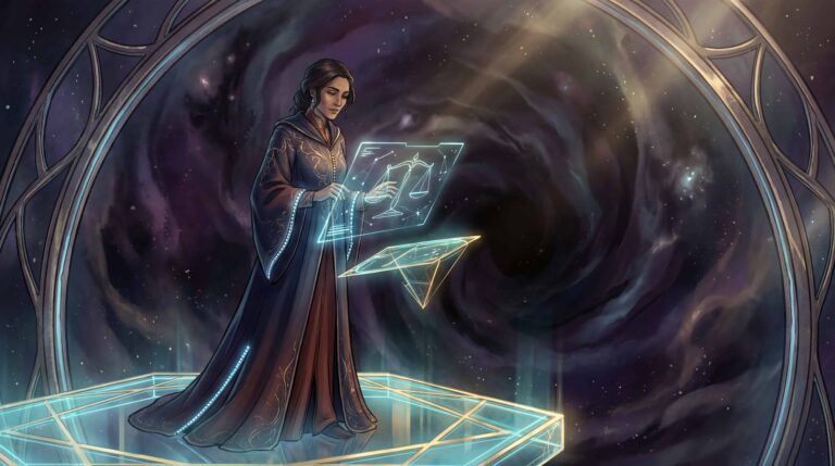 باحثة فلكية في عباءة كونية تمسك بلوح هولوغرافي شفاف يحمل ميزان العدالة الكونية، تقف داخل بوابة فضائية دوامية محاطة بضوء أزرق وأنماط هندسية ذهبية، رمز للميزان المادي والتسبيح الكوني