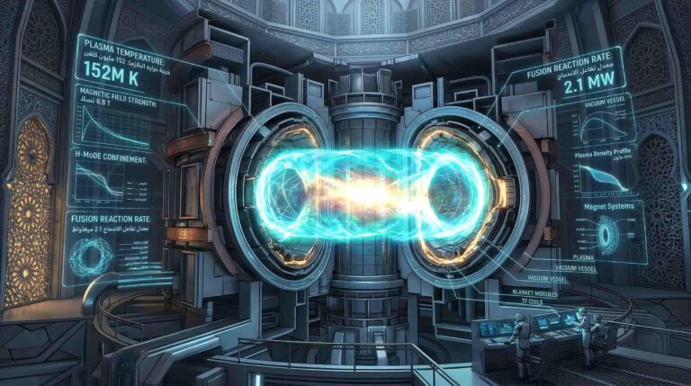 مفاعل توكاماك يحتجز بلازما ملتهبة تحاكي قلب الشمس — الاندماج النووي والتسبيح الكوني