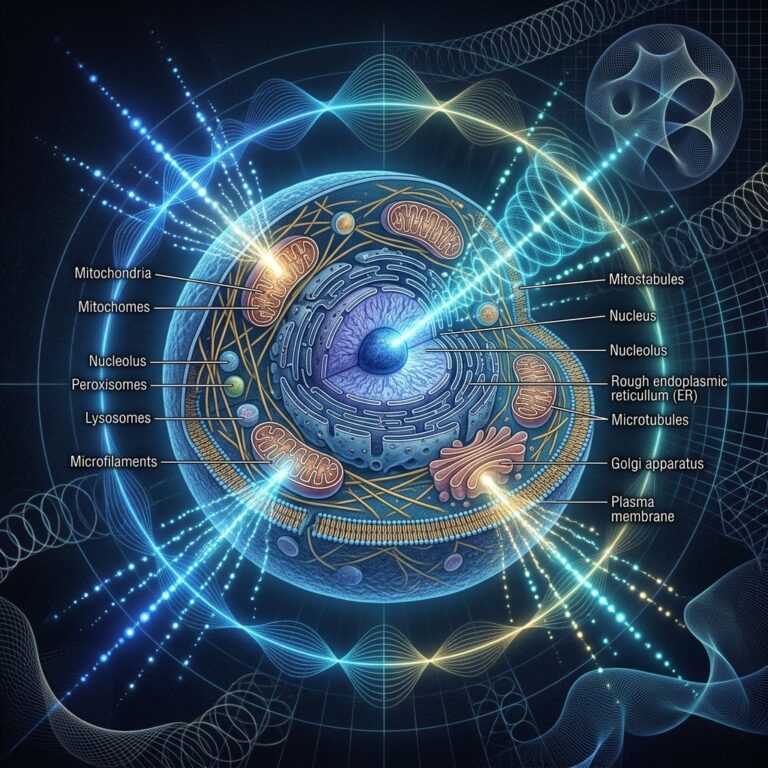 تصوير فني يُجسّد الفوتونات الحيوية (Biophotons) المنبعثة من خلية حية على خلفية كمية مضيئة، يربط الاتساق الكمي بالتواصل الخلوي