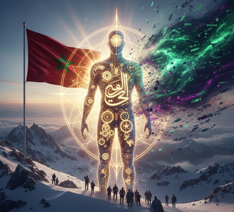 تمثيل بصري لنموذج ذكاء اصطناعي يحاول اختراق الوعي البشري فوق جبال توبقال بالمغرب، يظهر التباين بين الشفرة الرقمية ونور اليقين.