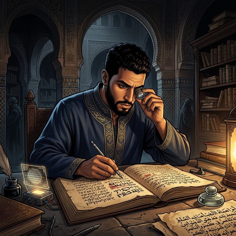 تزوير طبعات صحيح البخاري — يوسف الباحث يدرس مخطوطات إسلامية قديمة بمقارنة هولوغرامية