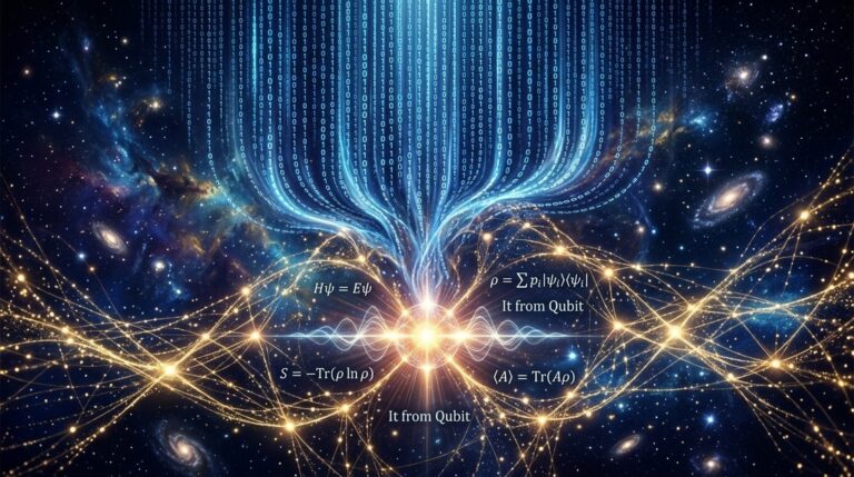 تمثيل بصري للكون كشبكة معلوماتية كمومية تتشابك فيها جسيمات الضوء مع دوائر الذكاء الاصطناعي — الكود الإلهي وفيزياء المعلومات