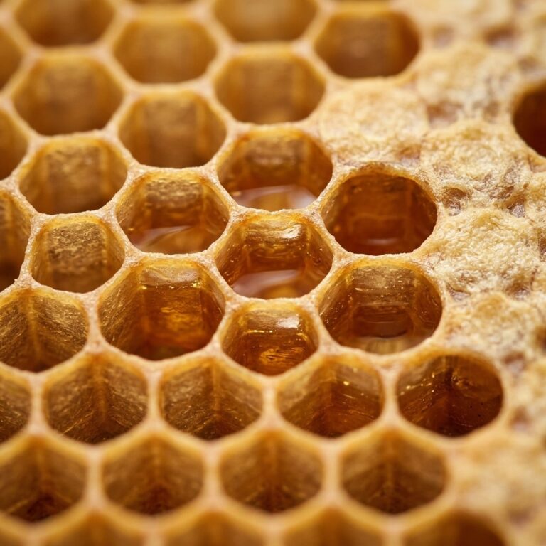 خلية نحل سداسية بالشمع الطبيعي توضح الميزان الكوني والهندسة المثلى في الطبيعة — تسبيح كوني في المصفوفة البيولوجية