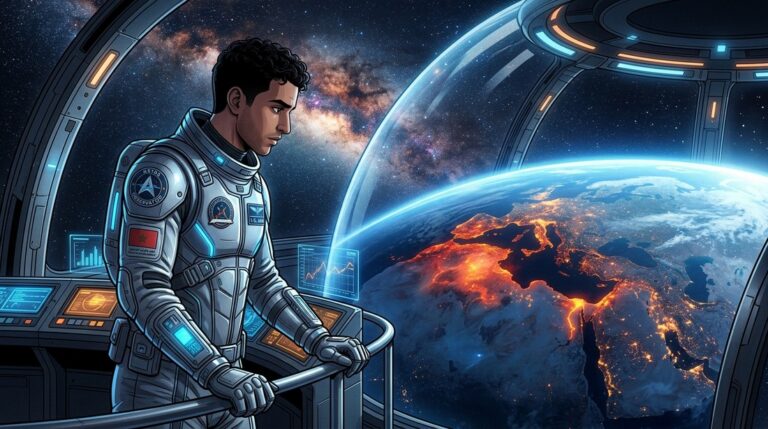 ياسين المستكشف الكوني يحدق في كوكب الأرض من محطة فضائية بينما تتصاعد بصمات حرارية من مناطق صراع وخلفه سماء المجرة