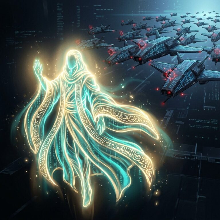 مشكاة اليقين كيان نوراني رقمي يُفكك المسيرات الانتحارية والذكاء الاصطناعي العسكري في الروحانية السيبرانية