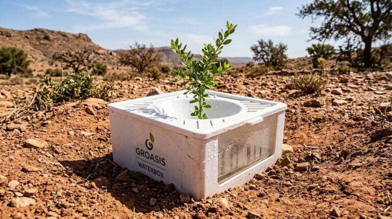 صندوق WaterBox في الصحراء المغربية يلتقط الندى ويروي شتلة أركان — الميزان البيئي في العمل